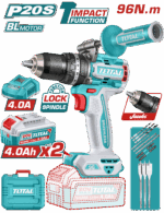 شنيور 20 فولت براشلس 96 نيوتن دقاق ظرف معدن 13 ملي 2 بطاريه 4 امبير + شاحن 4 امبير توتال TIDLI209686