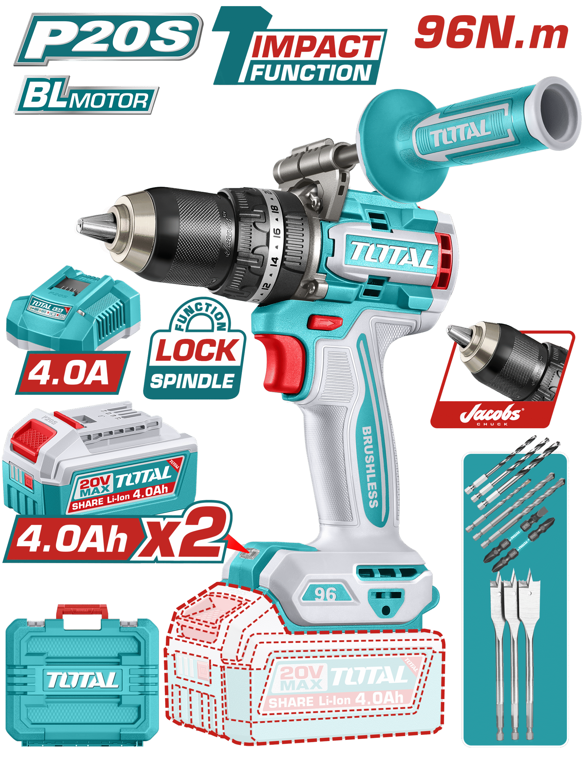 TIDLI209686.1 شنيور 20 فولت براشلس 96 نيوتن دقاق ظرف معدن 13 ملي 2 بطاريه 4 امبير + شاحن 4 امبير توتال TIDLI209686 - الصورة 1