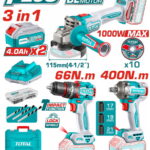 كومبو شنيور 66 نيوتن + صاروخ 20 فولت 1000 وات + دريل 400 نيوتن 2 بطاريه توتال TOSLI241291