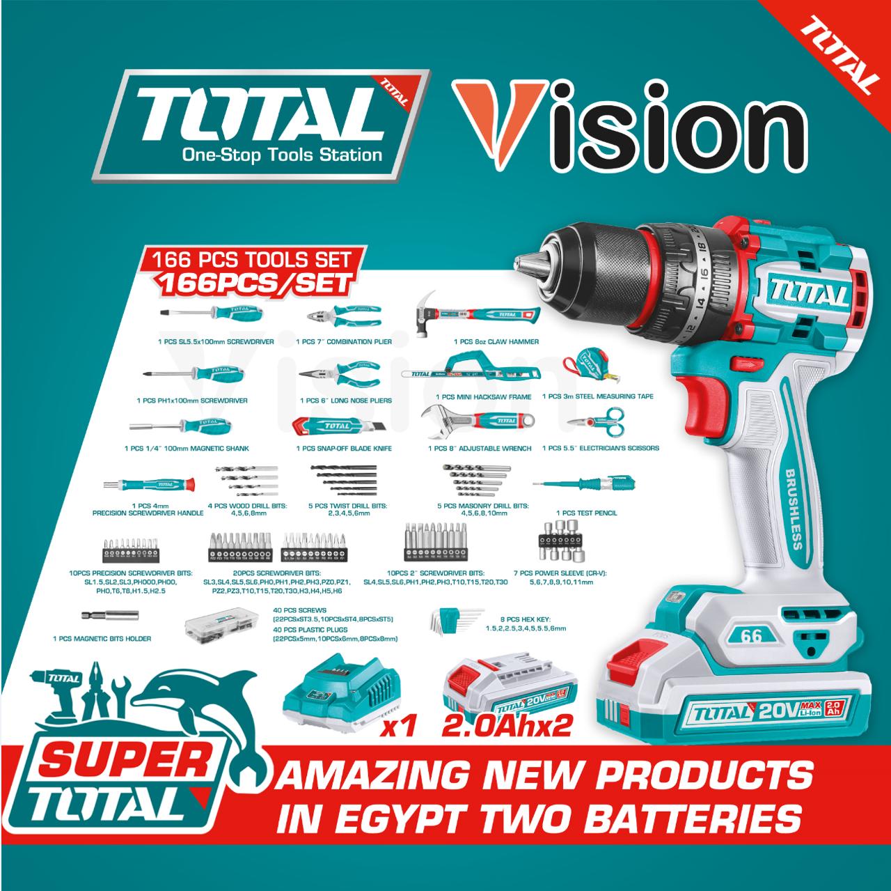 TIDLI201668 طقم 166 قطعه شنيور 20 فولت 66 نيوتن 2 بطاريه + شاحن دقاق توتال THKTHP11662 - الصورة 1