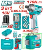 كومبو بطارية 16 فولت (دريل 170 نيوتن + ميزان ليزر + متر ليزر 100 متر ) مع 2 بطارية و شاحن  توتال TOSLI250886