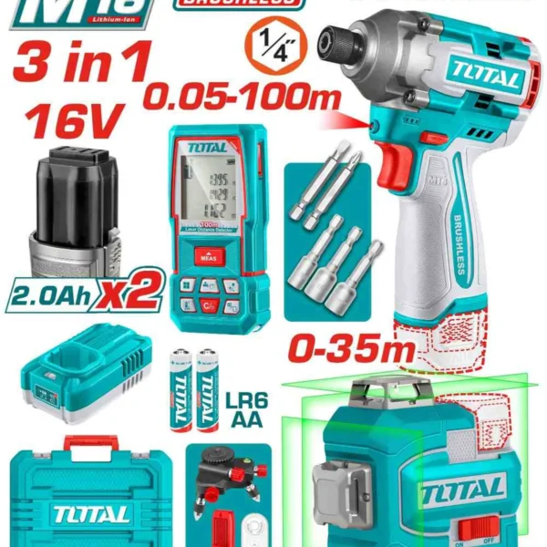 كومبو بطارية 16 فولت (دريل 170 نيوتن + ميزان ليزر + متر ليزر 100 متر ) مع 2 بطارية و شاحن  توتال TOSLI250886