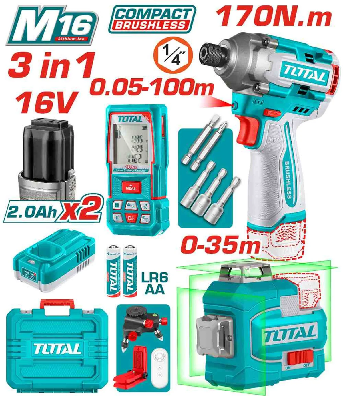 TOSLI250886 كومبو بطارية 16 فولت (دريل 170 نيوتن + ميزان ليزر + متر ليزر 100 متر ) مع 2 بطارية و شاحن توتال TOSLI250886 - الصورة 1