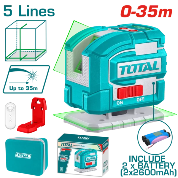 ميزان ليزر اخضر 5 خط  360ْ 35 متر بطاريه داخليه + حامل حائطي + ريموت توتال TLL306502