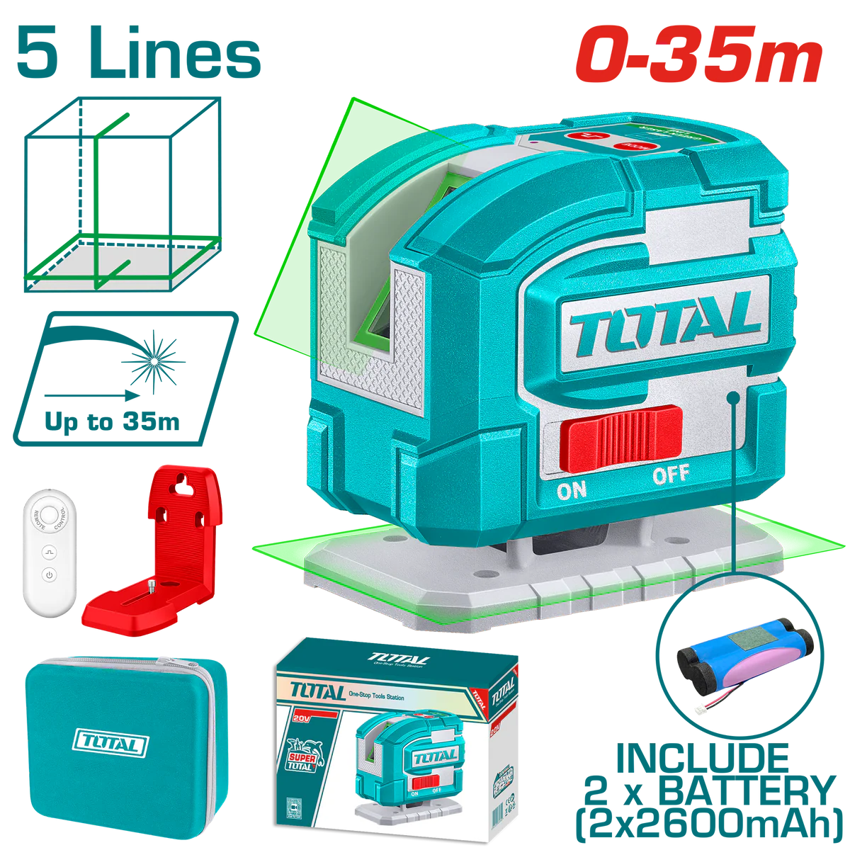 TLL306502_7f6c066d-1973-4a9a-9534-9648dfbde123_1200x ميزان ليزر اخضر 5 خط 360ْ 35 متر بطاريه داخليه + حامل حائطي + ريموت توتال TLL306502 - الصورة 1