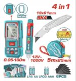 عرض متر ليزر 100 متر + كاشف تيار + قطر مطواه معدن + شريط 5×25 اتجاهيين توتال TOS250701