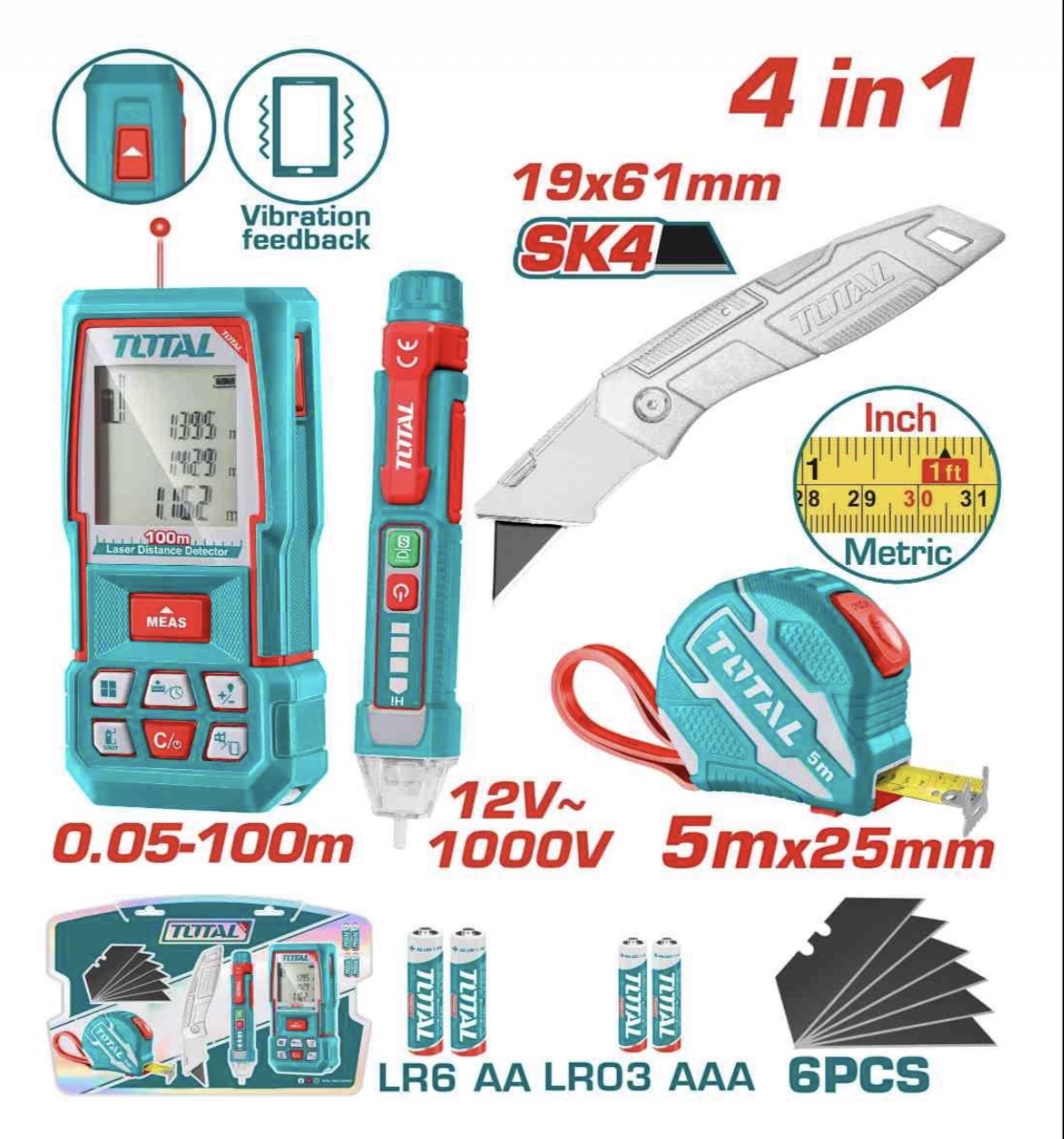 Screenshot عرض متر ليزر 100 متر + كاشف تيار + قطر مطواه معدن + شريط 5×25 اتجاهيين توتال TOS250701 - الصورة 1