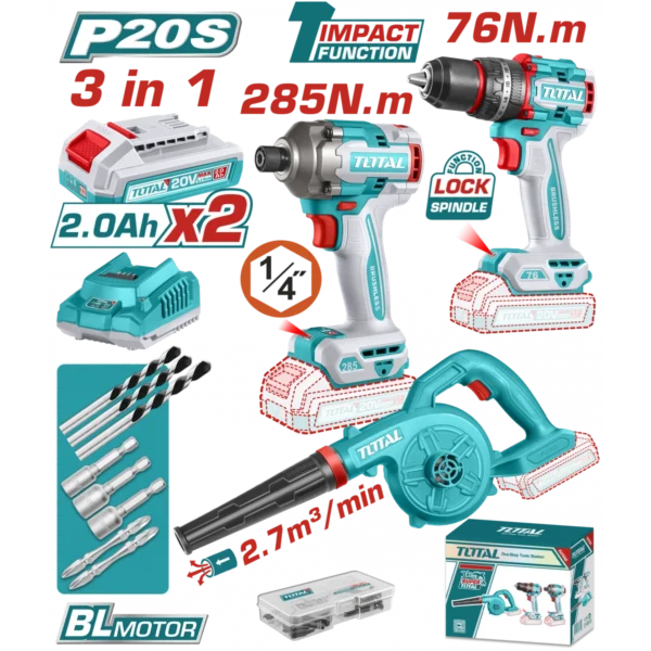 طقم كومبو 3×1 شنيور 86 نيوتن + امباكت 285 نيوتن + بلاور 20 فولت + 2 بطاريه 4 امبير توتال TOSLI250883