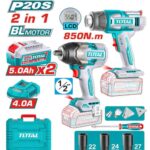 طقم كومبو دريل 850 نيوتن + مسدس تسخين 20 فولت + 2 بطاريه 5 امبير + شاحن توتال TOSLI250983
