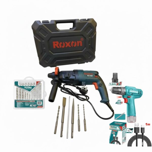 كومبو هيلتي ROXON + شنيور 12 فولت 1 بطاريه تايب سي + طقم بنط و لقم + وصله تايب سي KH001