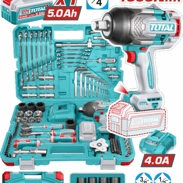 دريل بطارية برشليس 20 فولت 1350 نيوتن 3/4 بوصة مع بطارية و شاحن و طقم عدة , 126 قطعة توتال تولز THKTHP31262