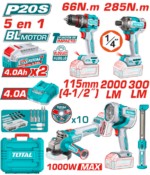 طقم كومبو 5×1 شنيور 20 فولت 66 + دريل 285 نيوتن + صاروخ 1000 وات + كشاف بلادوس مغناطيس + كشاف 20 فولت 2000 ليومن توتال TOSLI250692