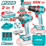 كومبو شنيور 66 نيوتن دقاق + دريل 405 نيوتن + 2 بطاريه و شاحن توتال  TCKLI20286