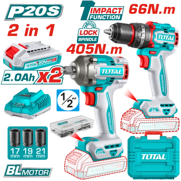 كومبو شنيور 66 نيوتن دقاق + دريل 405 نيوتن + 2 بطاريه و شاحن توتال  TCKLI20286